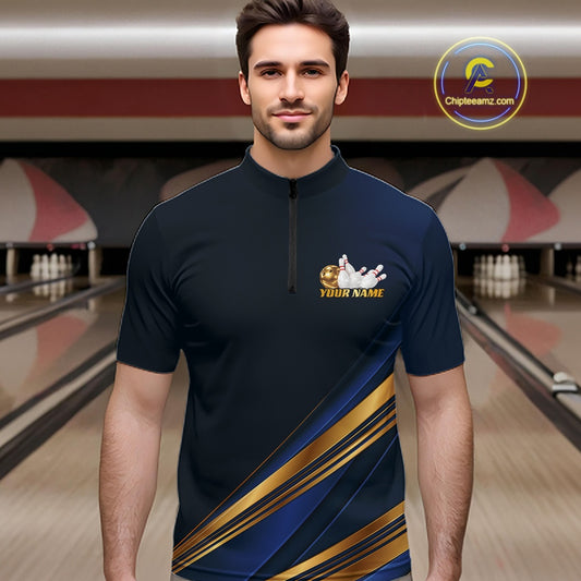 A man wearing a dark navy bowling shirt with gold and blue diagonal stripes and a gold bowling pin graphic with 'YOUR NAME' text, set against a bowling alley background.