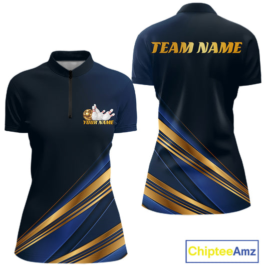 Customizable short-sleeve polo shirt shown from the front and back. The shirt is navy blue with metallic gold diagonal stripes on the lower half, a gold zipper on the front, and customizable text areas reading 'TEAM NAME' on the back and 'YOUR NAME' with a bowling graphic on the front chest.