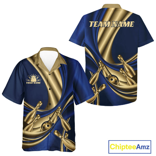 Custom bowling-themed short-sleeve button-up shirt shown in front and back views. The shirt features a navy blue and metallic gold abstract design with bowling pins and balls, customizable text reading 'TEAM NAME' on the back and 'YOUR NAME' with a crown icon on the front.