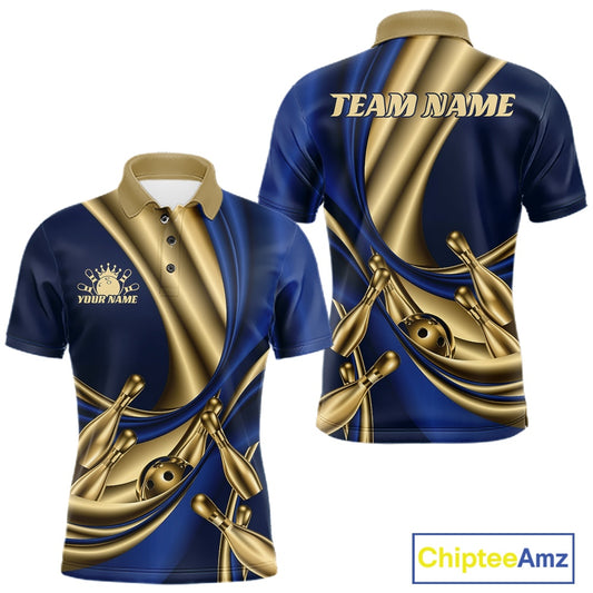 Customizable blue and gold bowling-themed polo shirt shown from both front and back views, featuring bowling pins and balls graphic print, with placeholder text 'TEAM NAME' and 'YOUR NAME'.