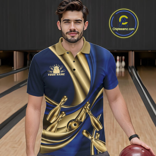 A man wearing a custom bowling-themed polo shirt in a bowling alley. The shirt features a blue and gold satin-sheer design with bowling pins and a bowling ball graphic, and a gold logo on the left chest.