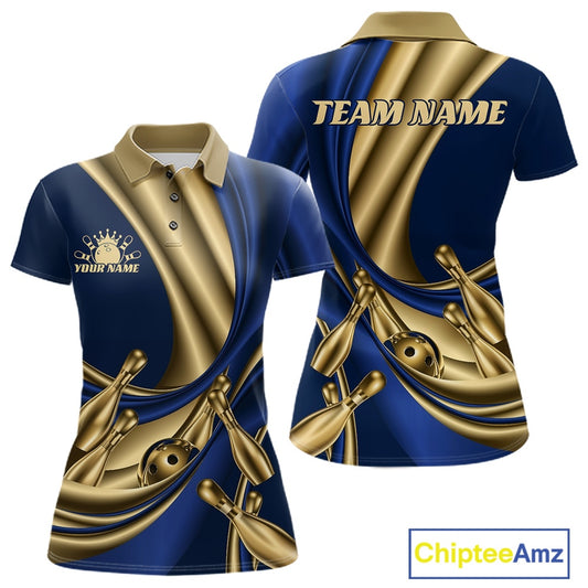 Customizable bowling-themed polo shirt shown from the front and back. The design features a navy blue and metallic gold abstract wave pattern with bowling pins and balls, including placeholder text 'YOUR NAME' on the front left chest and 'TEAM NAME' on the back.