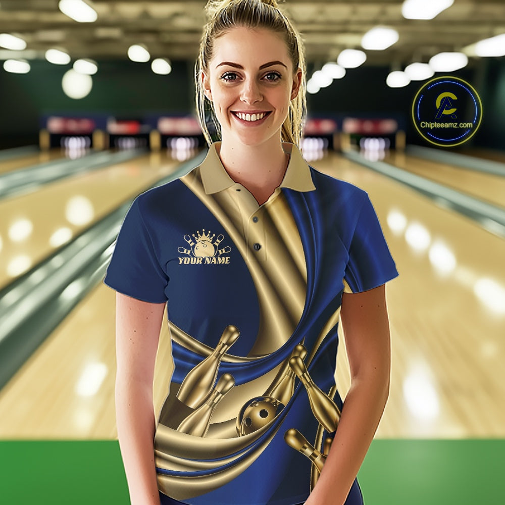 A woman stands in a bowling alley wearing a custom blue and gold bowling-themed polo shirt with a bowling pins graphic and the text 'Cruising Your Name'.