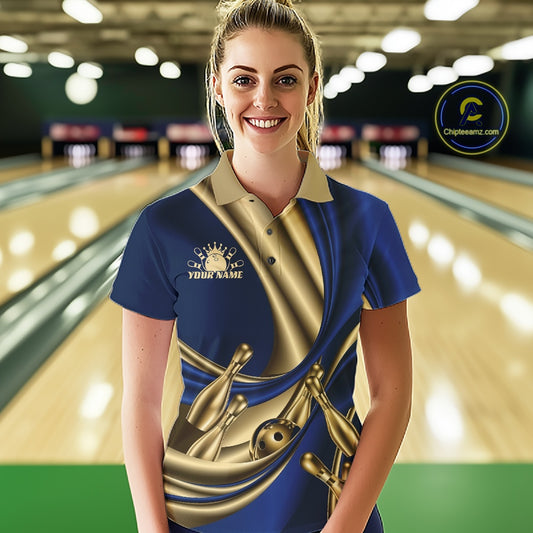 A woman stands in a bowling alley wearing a custom blue and gold bowling-themed polo shirt with a bowling pins graphic and the text 'Cruising Your Name'.