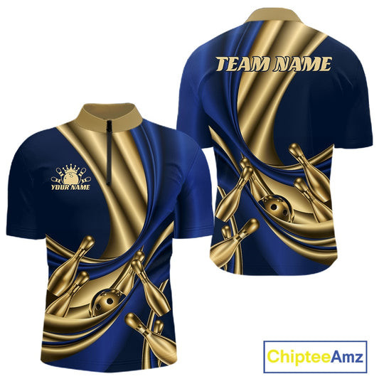 Custom bowling-themed short-sleeve polo shirt shown from the front and back. The design features a deep blue base with metallic gold abstract wave patterns and bowling pins, with customizable text areas reading 'TEAM NAME' on the back and 'YOUR NAME' with a crown icon on the front.