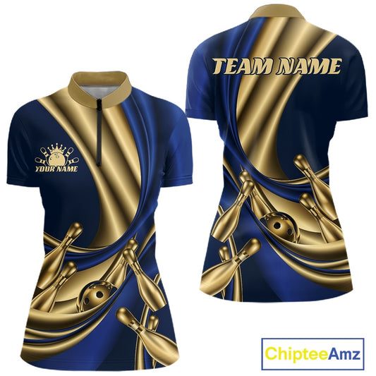 Custom bowling-themed short-sleeve polo shirt shown from the front and back. The design features a dark blue and metallic gold abstract wave pattern with bowling pins and balls at the bottom, a gold collar, a black half-zip on the front, and customizable text areas reading 'TEAM NAME' on the back and 'YOUR NAME' with a crown icon on the front.