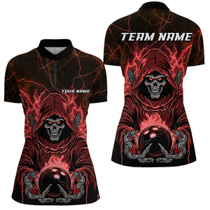 Black And Red Lightning Custom Skull Bowling Shirts For Women, Halloween Bowling Shirts IPHW7090