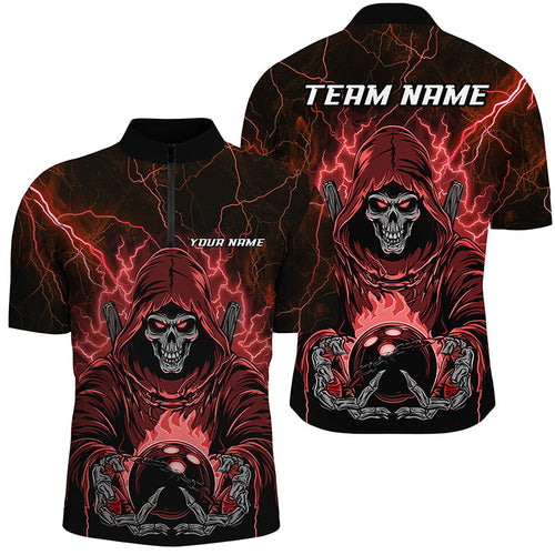 Black And Red Lightning Custom Skull Bowling Shirts For Men, Halloween Bowling Shirts IPHW7090