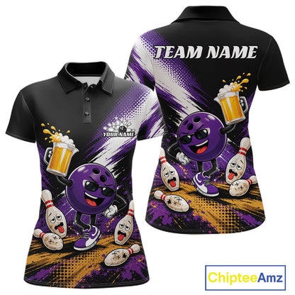 Front and back views of a custom black and purple polo shirt featuring a cartoon bowling ball character, bowling pins, beer mugs, and placeholder text 'TEAM NAME' and 'YOUR NAME'.