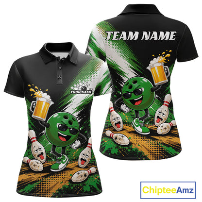 Front and back views of a custom printed womens short-sleeve polo shirt featuring a green cartoon bowling ball character, bowling pins, beer mugs, and 'TEAM NAME' placeholder text on a black, green, and gold graphic design.