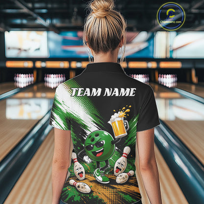A woman viewed from behind wearing a black short-sleeve bowling-themed polo shirt with a large green and white graphic print featuring a bowling ball character, pins, and the text 'TEAM NAME'. 