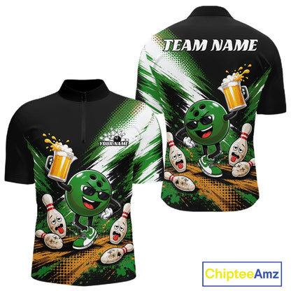 Front and back views of a black short-sleeve quarter-zip bowling-themed shirt with a green cartoon bowling ball character, bowling pins, beer mugs, and a white 'TEAM NAME' placeholder on the back. A 'ChipteeAmz' logo appears in the bottom right corner.