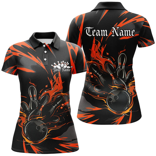 Black And Orange Custom Flame Ladies Bowling Shirts, Bowling Team Shirt Bowling Uniform IPHW7400