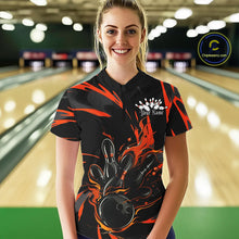 Load image into Gallery viewer, Black And Orange Custom Flame Ladies Bowling Shirts, Bowling Team Shirt Bowling Uniform IPHW7400