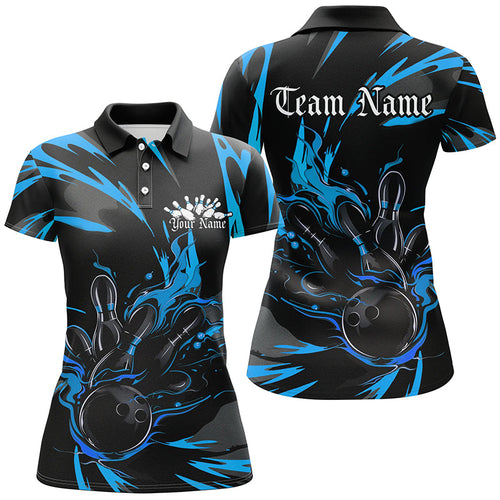 Black And Blue Custom Flame Ladies Bowling Shirts, Bowling Team Shirt Bowling Uniform IPHW7401