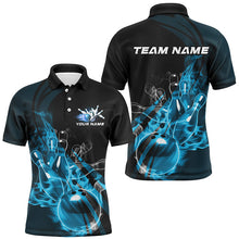 Load image into Gallery viewer, Black And Blue Custom Flame Bowling Team Shirts For Men, Bowling Polo Bowling League Shirts IPHW7418