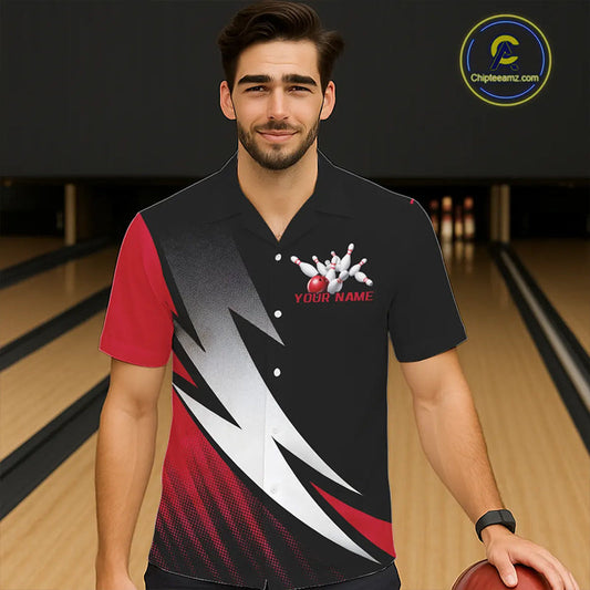 Black And Red Custom Bowling Jerseys, Bowling Hawaiian Team Shirts For Men Tournament Outfits IPHW7706