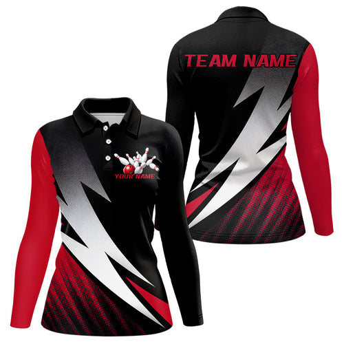 Black And Red Custom Bowling Jerseys, Bowling Long Sleeve Polo Team Shirts For Women IPHW7706