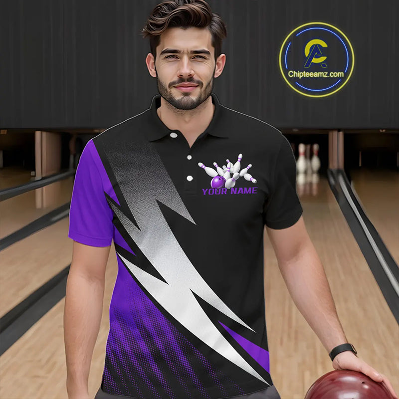 Black And Purple Custom Bowling Jerseys, Bowling Team Shirts For Men Bowling Tournament Outfits IPHW7707