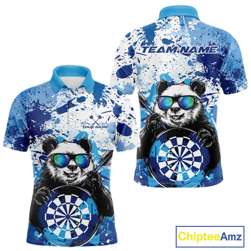 Custom Blue Splatter Funny Panda Dart Polo Shirt For Men, Funny Dart Team Jerseys IPHW10002