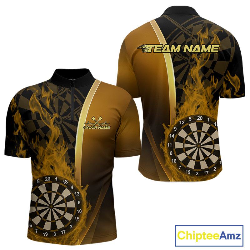 Custom Black And Gold Flame Dartboard Dart Team Men Quarter-Zip Shirt, Fire Dart Jersey IPHW9991