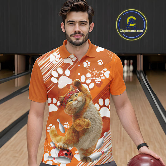 Custom Funny Orange Cat Bowling Men Polo Shirt, Cute Team Cat Paw Bowling Shirt IPHW10101