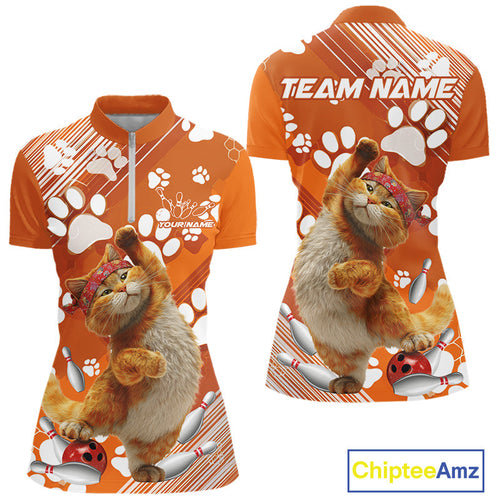 Custom Funny Orange Cat Bowling Women Quarter-Zip Shirt, Cute Team Cat Paw Bowling Shirt IPHW10101