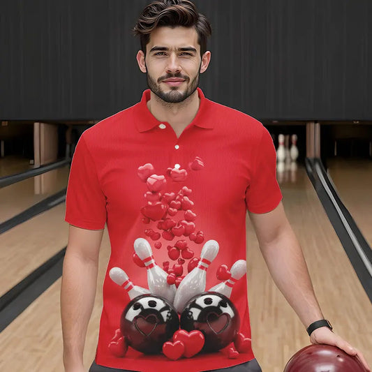 Custom Valentine Day Bowling Red Polo Shirts For Men, Romance Bowling Couple Outfits IPHW8352
