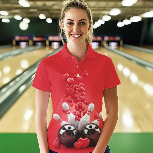 Custom Valentine Day Bowling Red Polo Shirts For Women, Romance Bowling Couple Outfits IPHW8352
