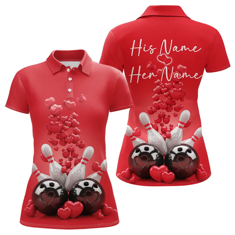 Custom Valentine Day Bowling Red Polo Shirts For Women, Romance Bowling Couple Outfits IPHW8352