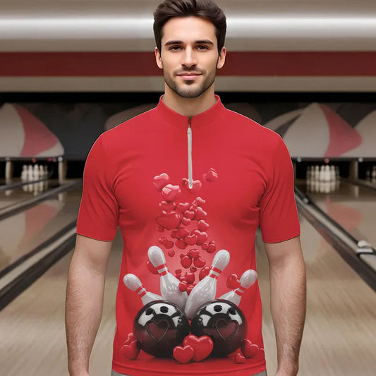 Custom Valentine Day Bowling Red Quarter-Zip Shirts For Men, Romance Bowling Couple Outfits IPHW8352