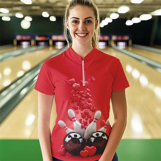Custom Valentine Day Bowling Red Quarter-Zip Shirts For Women, Bowling Couple Outfits IPHW8352