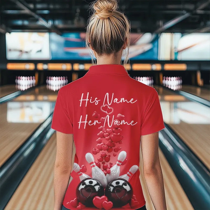 Custom Valentine Day Bowling Red Quarter-Zip Shirts For Women, Bowling Couple Outfits IPHW8352