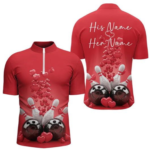 Custom Valentine Day Bowling Red Quarter-Zip Shirts For Men, Romance Bowling Couple Outfits IPHW8352
