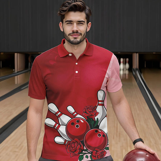 Bowling And Red Roses Custom Valentine Bowling Polo Shirts For Men Bowling Couple Outfits IPHW8354
