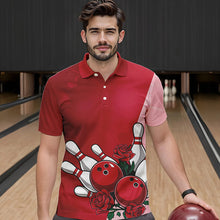Load image into Gallery viewer, Bowling And Red Roses Custom Valentine Bowling Polo Shirts For Men Bowling Couple Outfits IPHW8354