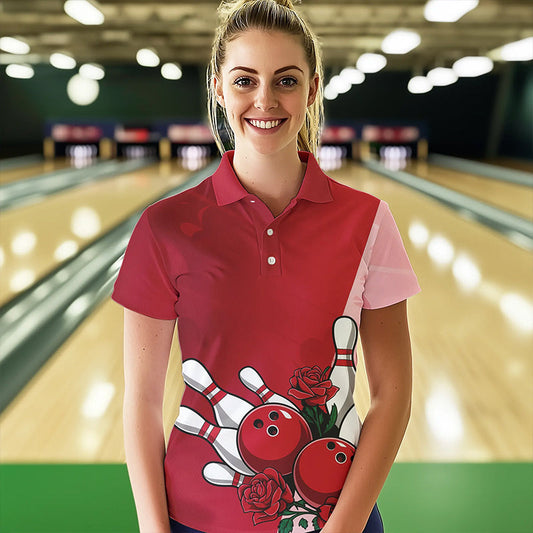 Bowling And Red Roses Custom Valentine Bowling Polo Shirts For Women Bowling Couple Outfits IPHW8354