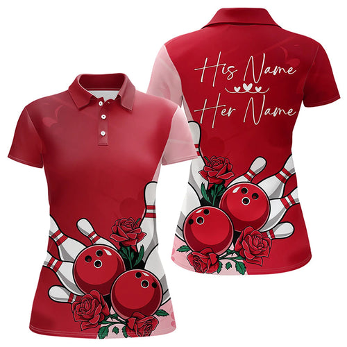 Bowling And Red Roses Custom Valentine Bowling Polo Shirts For Women Bowling Couple Outfits IPHW8354