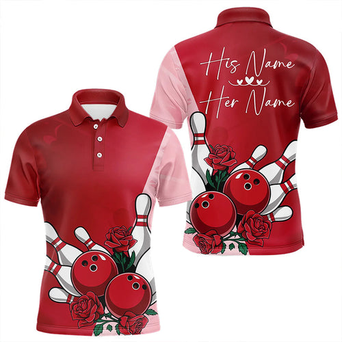 Bowling And Red Roses Custom Valentine Bowling Polo Shirts For Men Bowling Couple Outfits IPHW8354