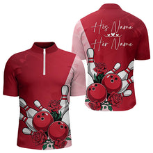 Load image into Gallery viewer, Bowling And Red Roses Custom Valentine Bowling Quarter-Zip Shirts For Men Bowling Couple Outfits IPHW8354