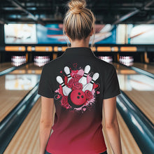 Load image into Gallery viewer, Black And Red Bowling And Roses Custom Valentines Day Bowling Polo Shirts For Women IPHW8359