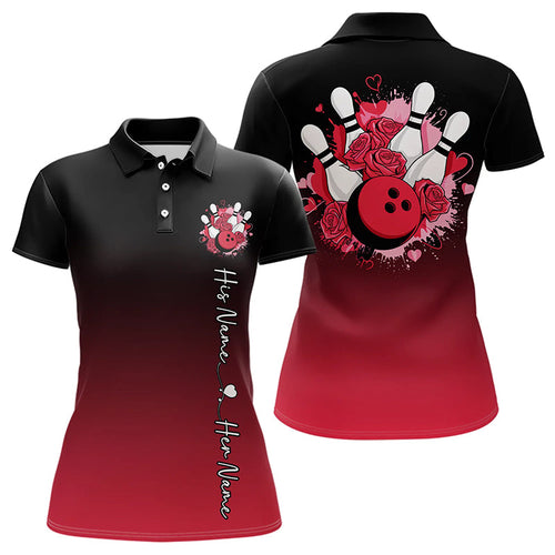 Black And Red Bowling And Roses Custom Valentines Day Bowling Polo Shirts For Women IPHW8359