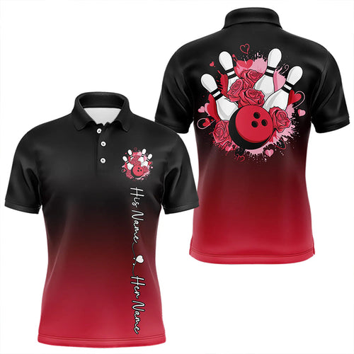 Black And Red Bowling And Roses Custom Valentines Day Bowling Polo Shirts For Men IPHW8359