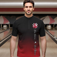 Load image into Gallery viewer, Black And Red Bowling And Roses Custom Valentines Day Bowling Quarter-Zip Shirts For Men IPHW8359