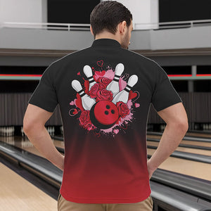 Black And Red Bowling And Roses Custom Valentines Day Bowling Quarter-Zip Shirts For Men IPHW8359