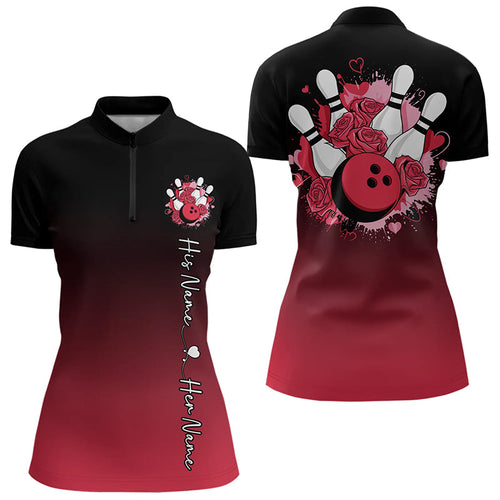 Black And Red Bowling And Roses Custom Valentines Day Bowling Quarter-Zip Shirts For Women IPHW8359