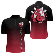 Load image into Gallery viewer, Black And Red Bowling And Roses Custom Valentines Day Bowling Quarter-Zip Shirts For Men IPHW8359