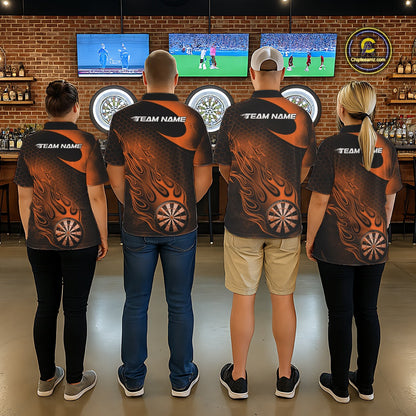 Custom Black And Orange Flame Dartboard Darts Team Shirts, Dart Tournament Outfits Dart Jerseys For Players IPHW10412