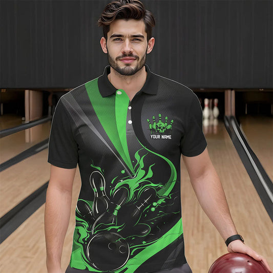 Custom Black And Green Flame Bowling Polo Shirts For Men, Fire Bowling Team Shirt IPHW8540