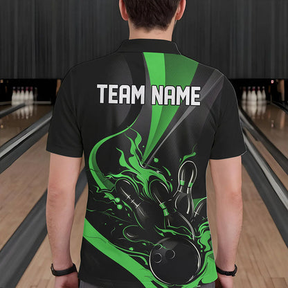 Custom Black And Green Flame Bowling Polo Shirts For Men, Fire Bowling Team Shirt IPHW8540